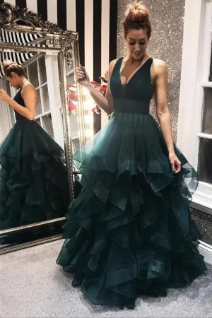 V Neck Backless Dark Green Long Prom Dresses, Backless Dark Green Formal Dresses, Fluffy Dark Green Evening Dresses