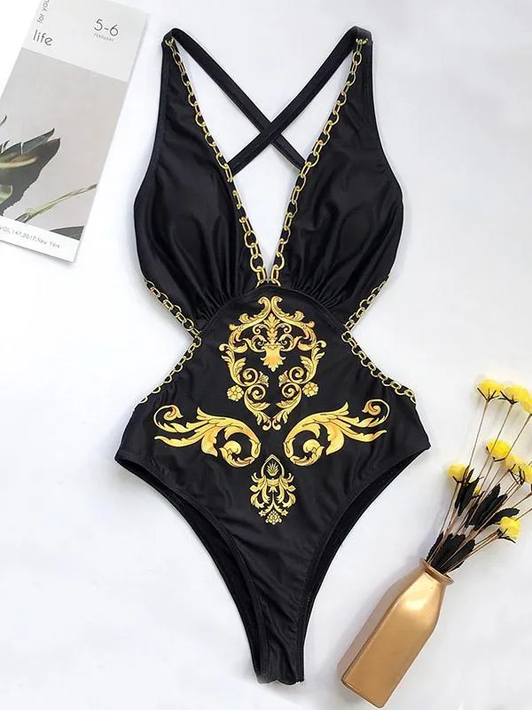 V-Neck Backless Printing One-Piece Swimwear