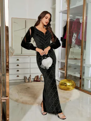 V-Neck Cutout Maxi Black Prom Dress RJ10831