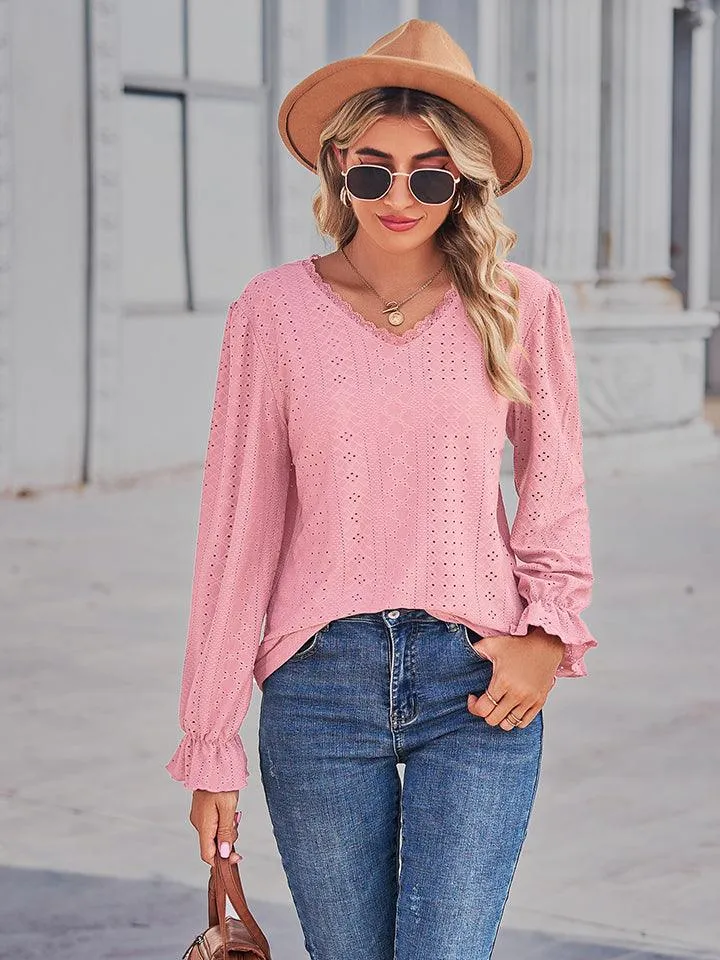 V-Neck Flounce Sleeve Blouse