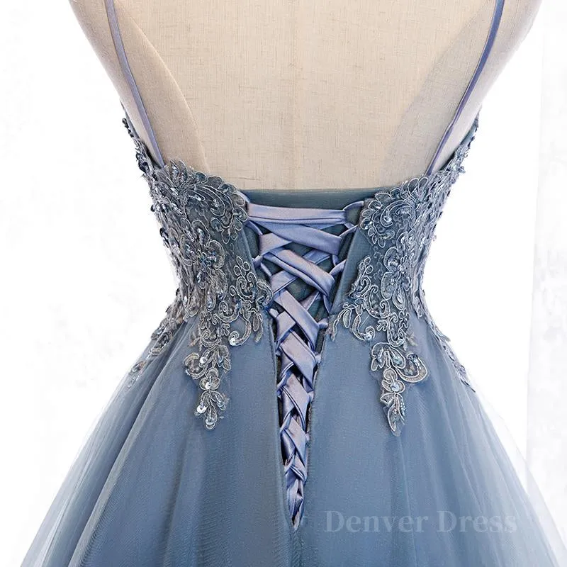 V Neck High Low Blue Lace Prom Dresses, Blue Lace High Low Formal Evening Graduation Dresses