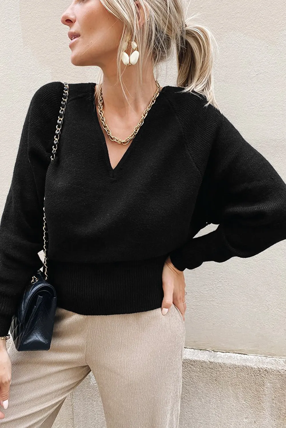 V Neck Lace Patch Back Sweater