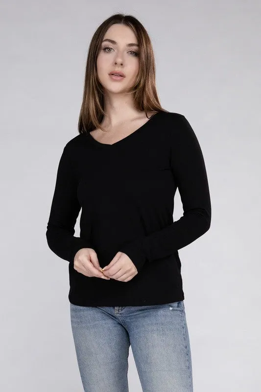 V-Neck Long Sleeve Tee in White or Black