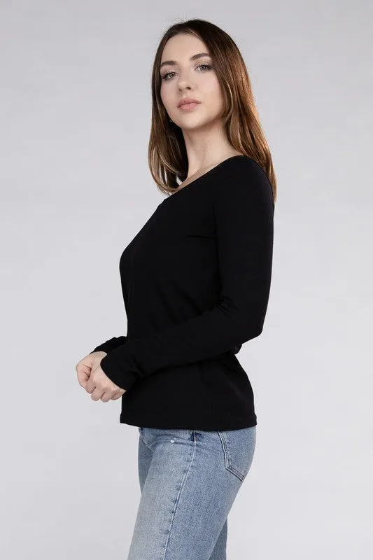 V-Neck Long Sleeve Tee in White or Black