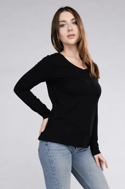 V-Neck Long Sleeve Tee in White or Black