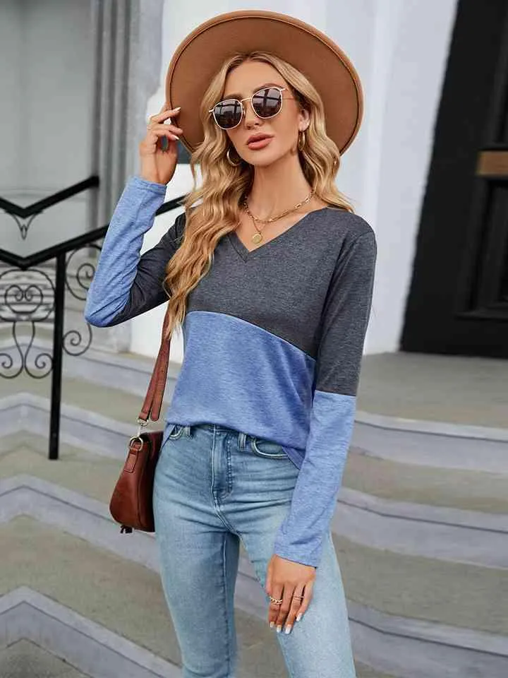 V-Neck Long Sleeve Two-Tone T-Shirt