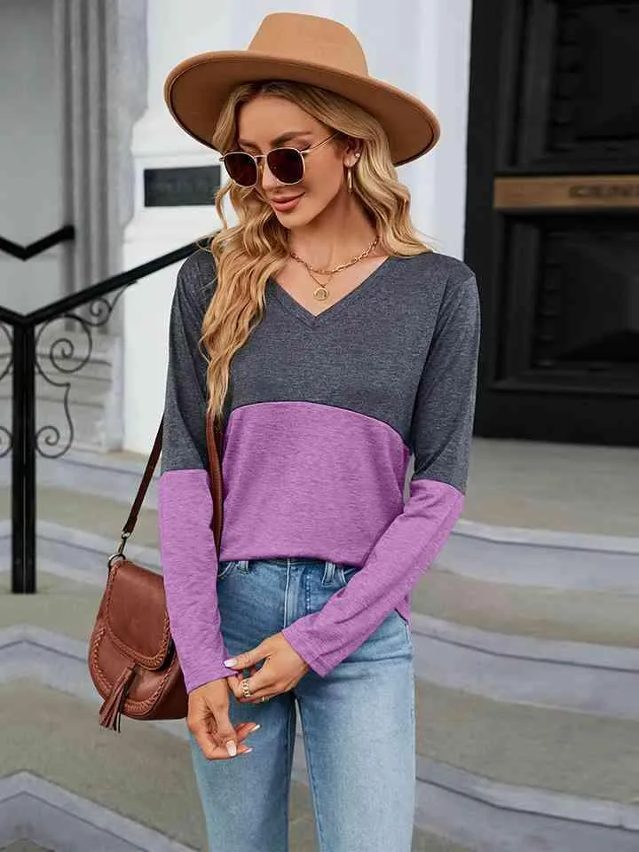 V-Neck Long Sleeve Two-Tone T-Shirt