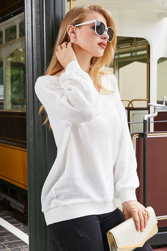 V-Neck Long Sleeve Waffle Knit Top