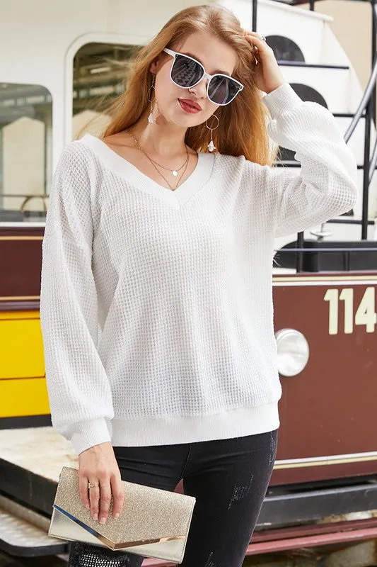 V-Neck Long Sleeve Waffle Knit Top