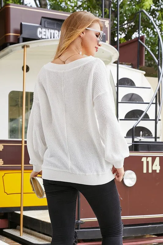 V-Neck Long Sleeve Waffle Knit Top