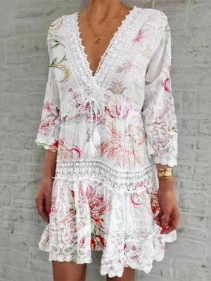 V-Neck Printed Three-Quarter Sleeve Casual Dress