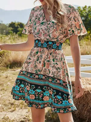 V-Neck Short Sleeve Boho Print Dress