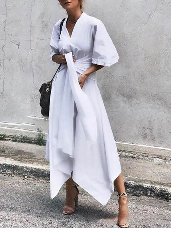 V-Neck Short Sleeve Irregular Maxi Dress