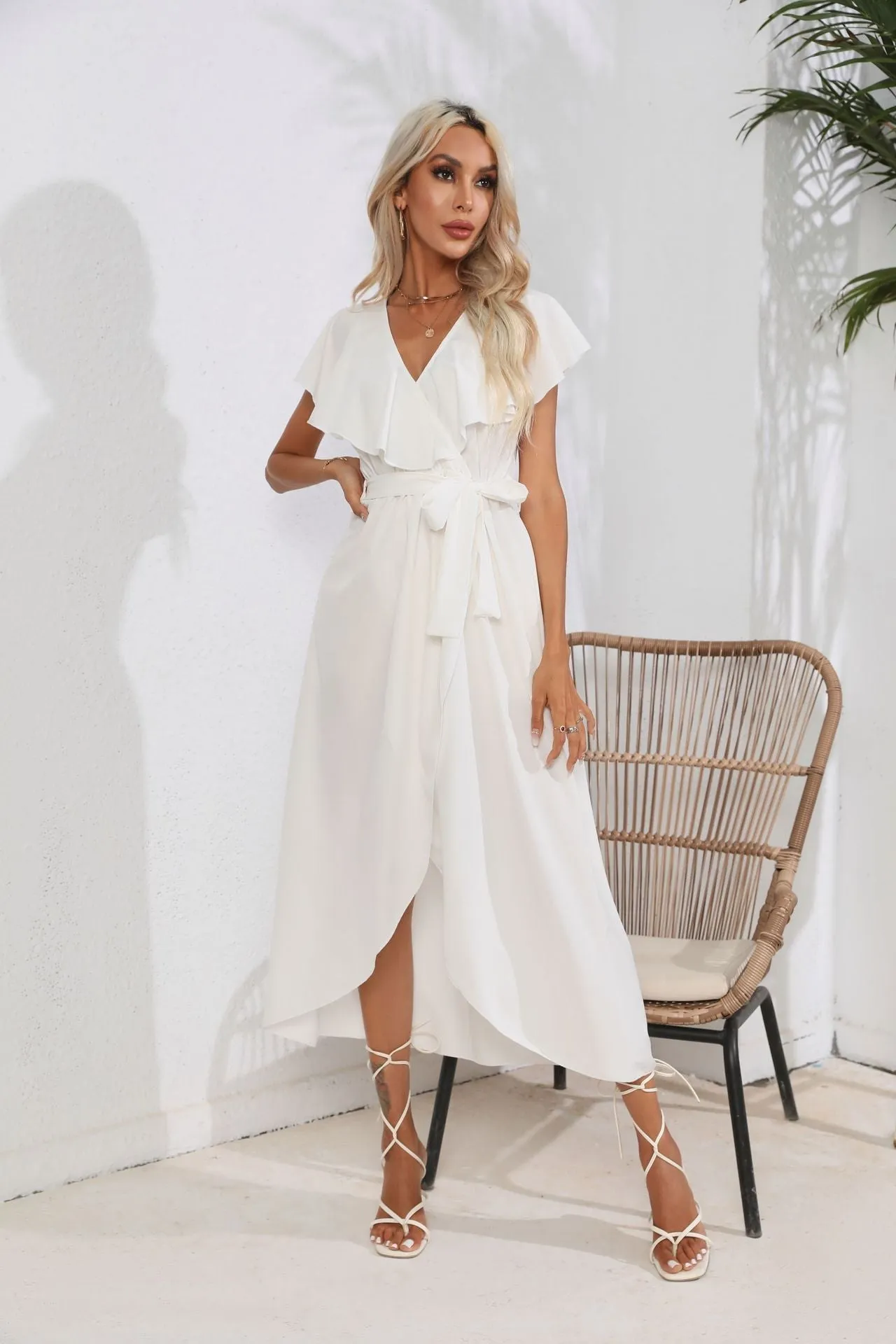 V-Neck Short Sleeve Ruffled Elegant Dress