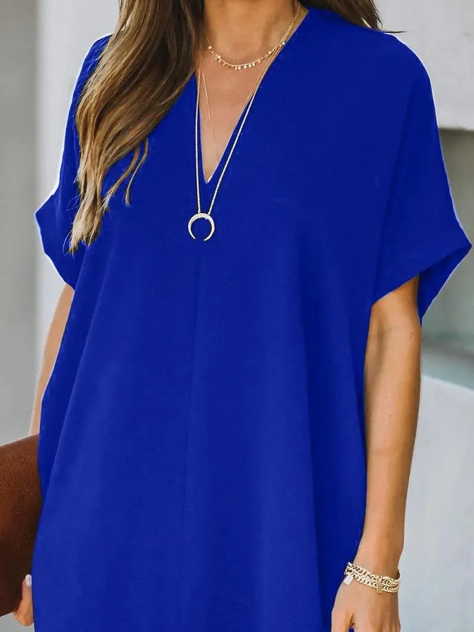 V-neck Short Sleeve Solid Color Loose Dress