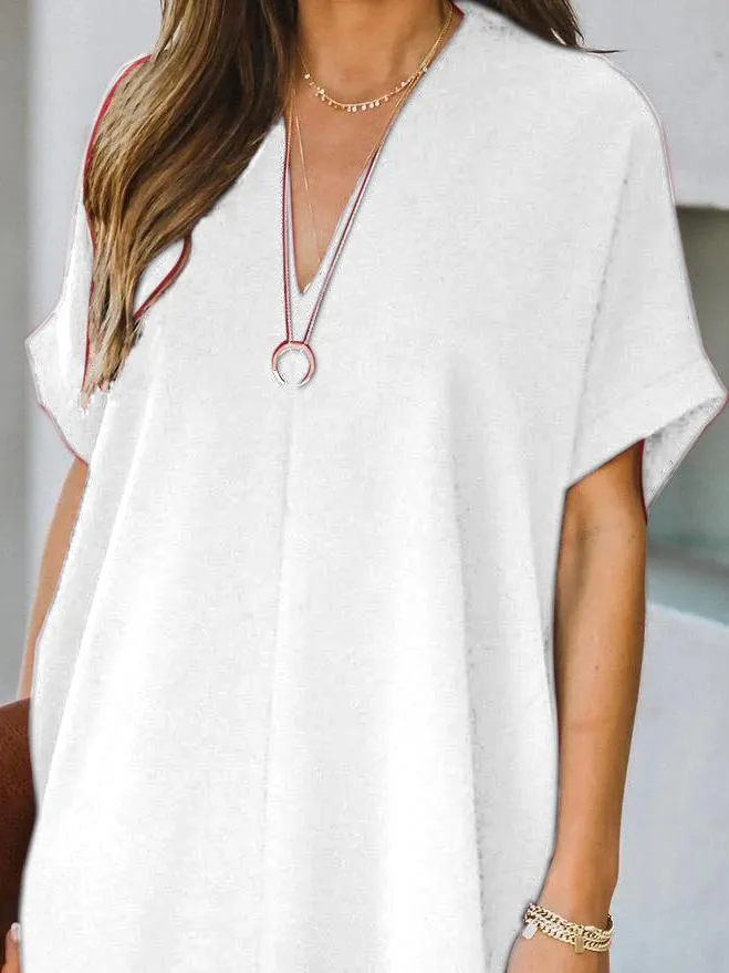 V-neck Short Sleeve Solid Color Loose Dress