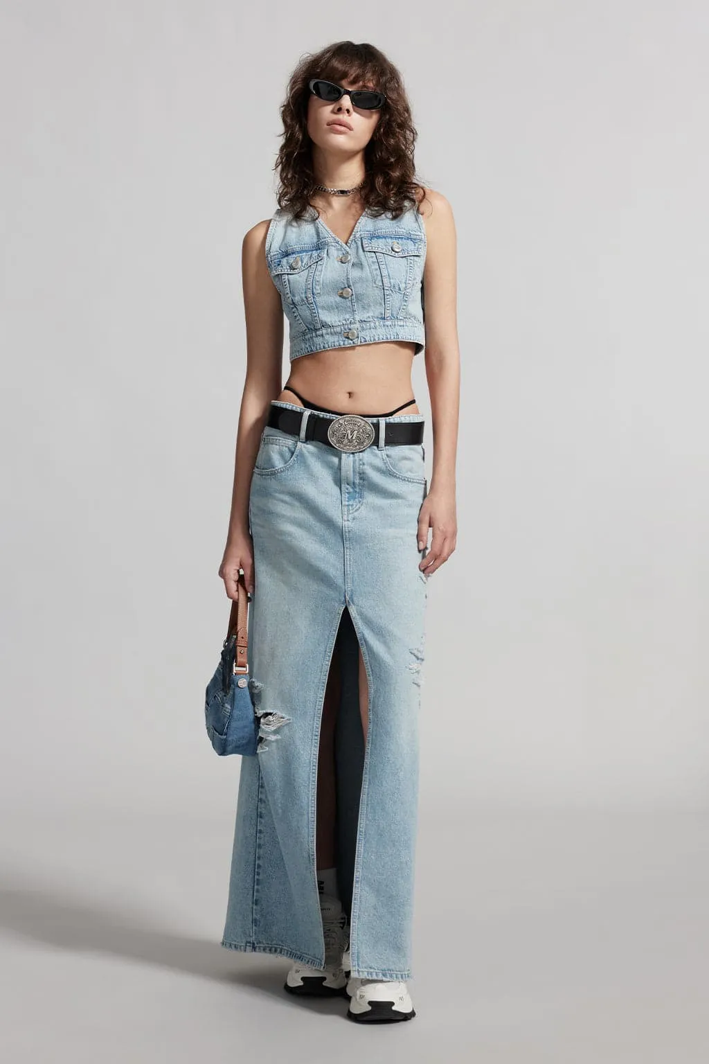 V-Neck Sleeveless Cropped Denim Vest