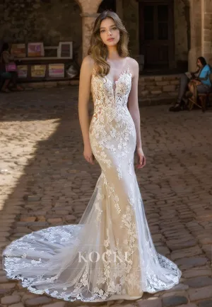 V-Neck Straps Sleeveless Mermaid Sweep Train Beads Lace Wedding Gown Bridal Dress with Appliques