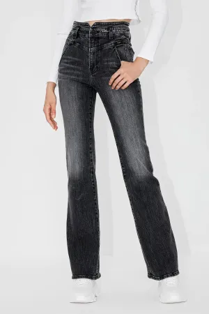 V Shape Waist Embroidered Slight Flared Jeans