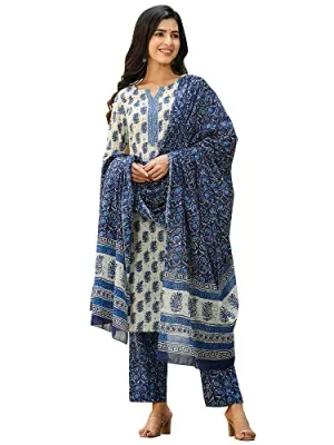 Vaamsi Women's Cotton Blend Floral Printed Straight Kurta Pant With Dupatta (VKSKD1026_Off-White_L)