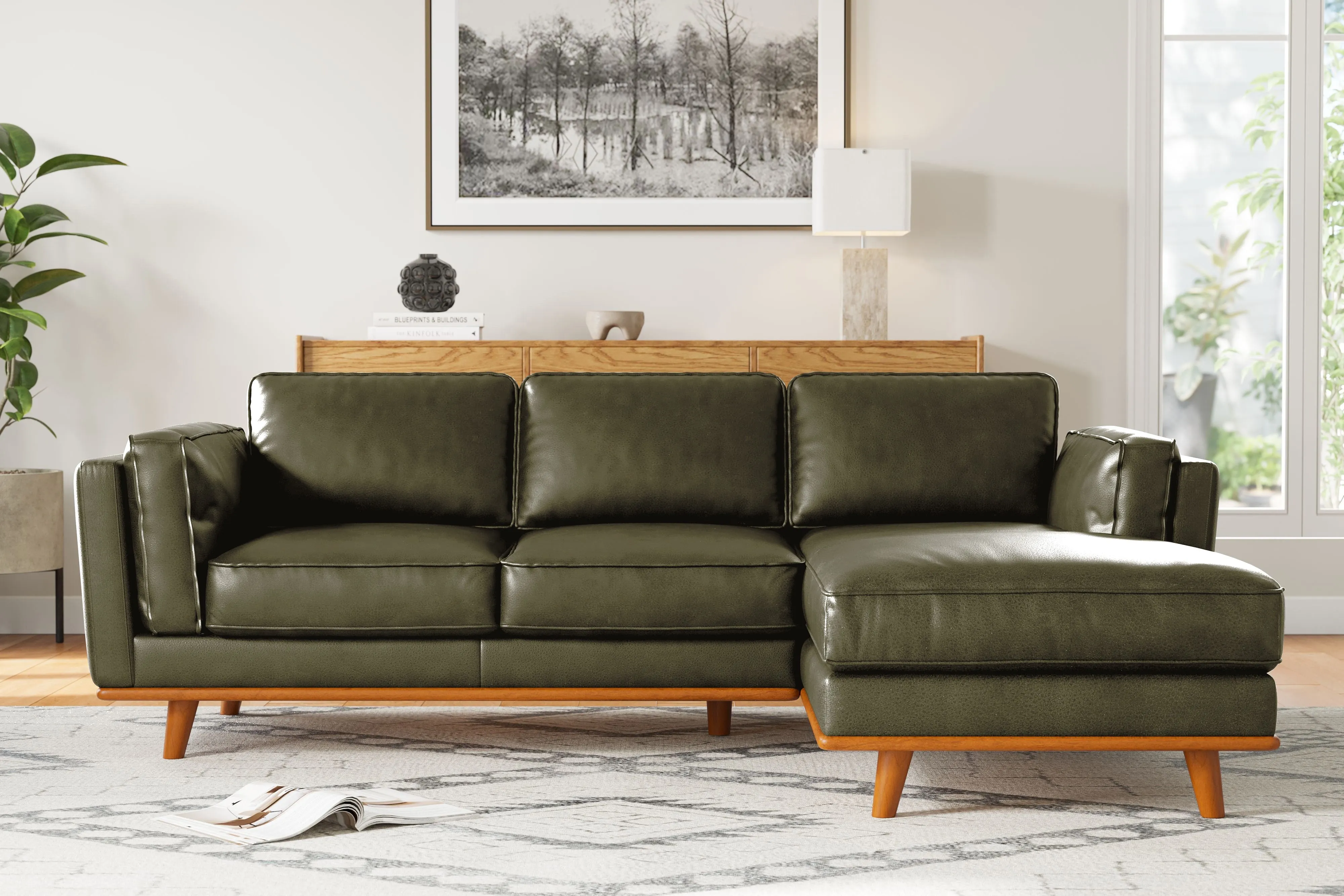 Valencia Artisan Top Grain Leather Three Seats with Right Chaise Leather Sofa, Olive Green