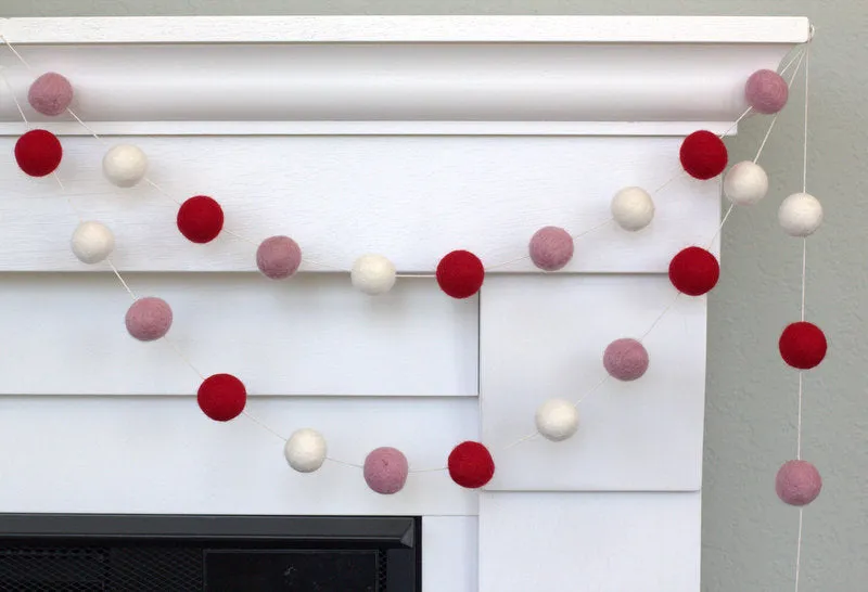 Valentine's Day Felt Ball Garland- Red, Blush Pink & White