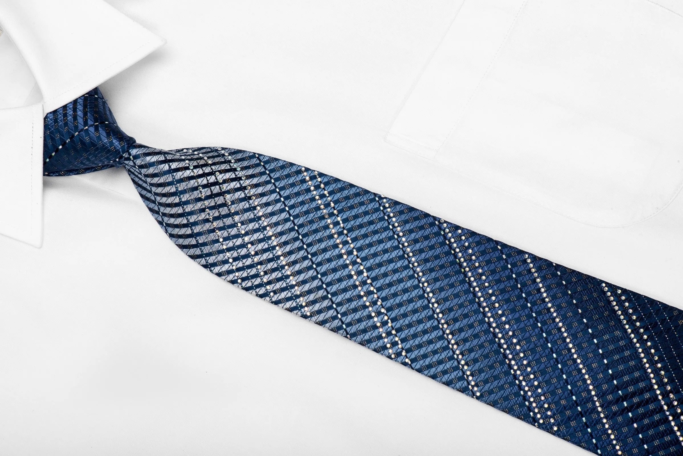 Valentino Rich Men's Crystal Silk Tie Stripes On Blue With Silver Sparkles