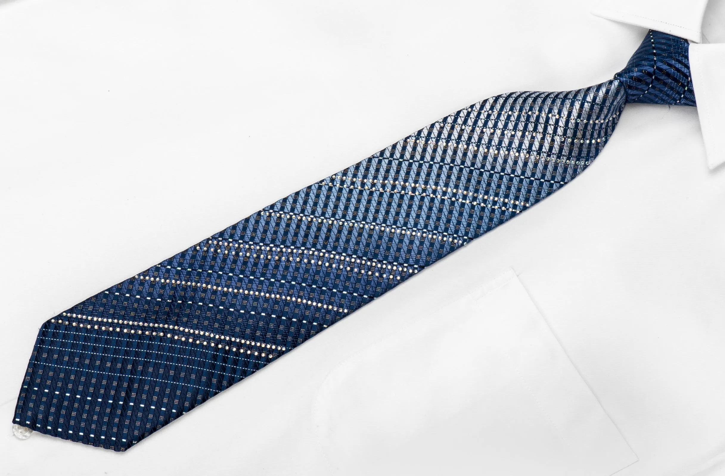 Valentino Rich Men's Crystal Silk Tie Stripes On Blue With Silver Sparkles