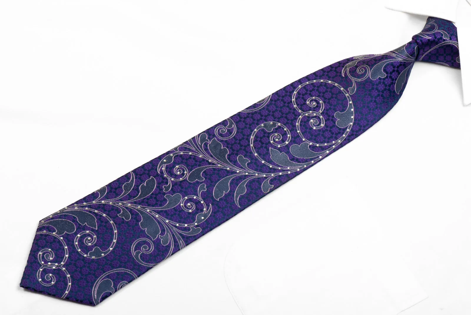 Valentino Rich Rhinestone Silk Necktie Purple Acanthus On Navy