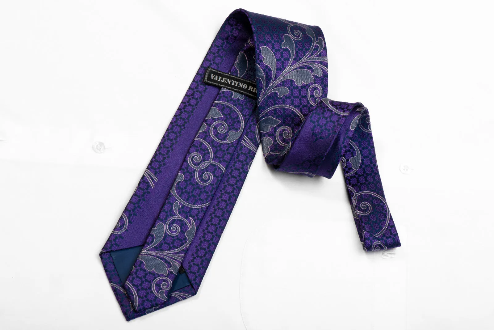 Valentino Rich Rhinestone Silk Necktie Purple Acanthus On Navy