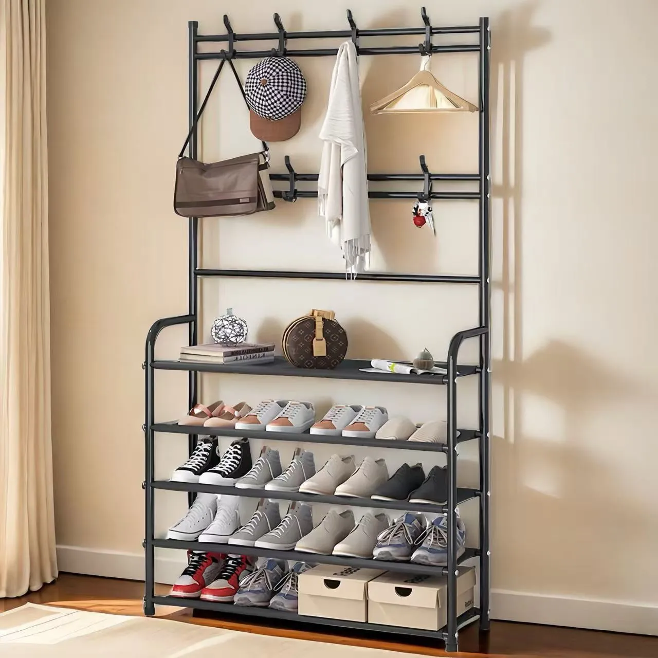 valiant Hall Tree,  Coat Rack with 5 Tiers Shoe Rack& 8 Hooks Shoe Storage Organizer with   Coat Hanger for Entryway, Closet, Bedroom, Hallway, Office