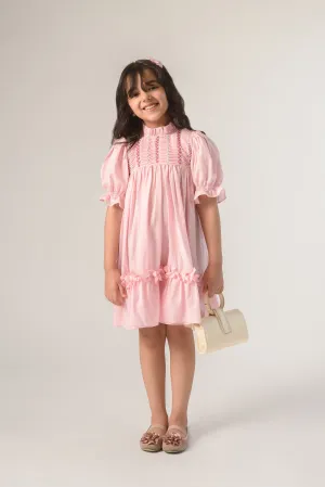 Valley of Flowers- Thread Embroidered Organic Cotton Pink Dress For Girls