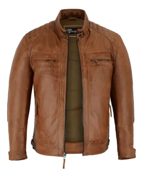 Vance Leather Men's Cafe Racer Waxed Lambskin Austin Brown Motorcycle Leather Jacket