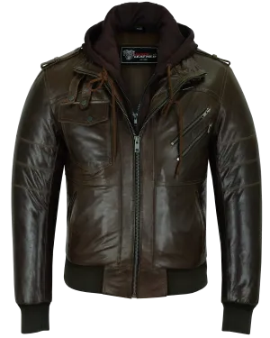 Vance Leather Men's Vincent Brown Waxed Premium Cowhide Motorcycle Leather Jacket with Removable hood