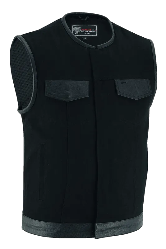 Vance Leathers Denim Black Collarless Club Vest with Leather trims