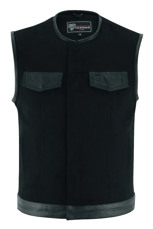 Vance Leathers Denim Black Collarless Club Vest with Leather trims