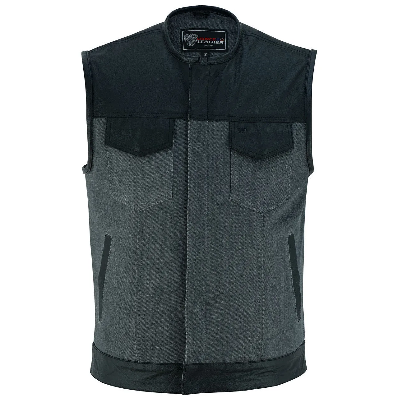 Vance Leathers Men's Grey Denim & Leather Motorcycle Vest with CCW Pockets