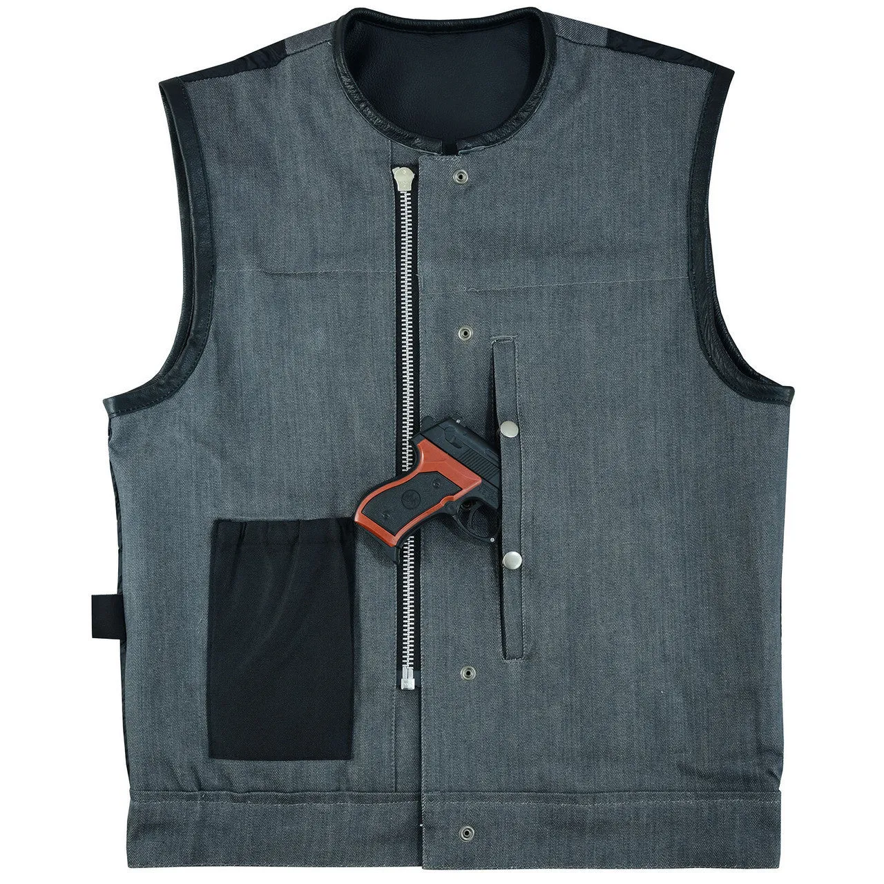 Vance Leathers Men's Grey Denim & Leather Motorcycle Vest with CCW Pockets