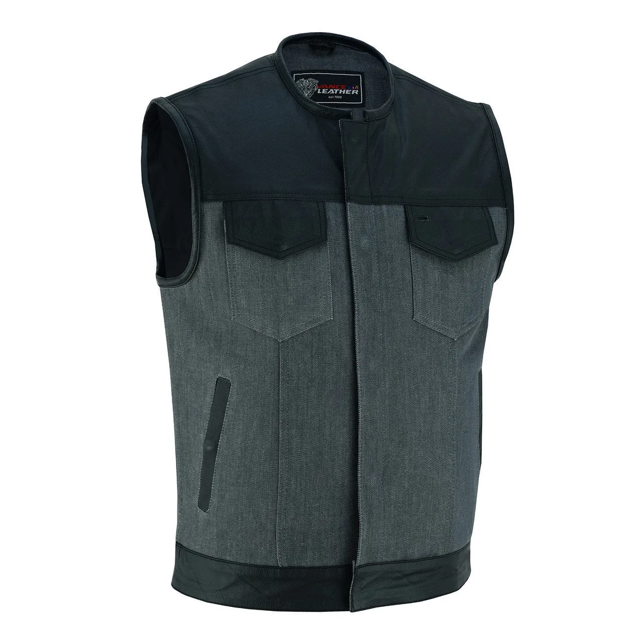 Vance Leathers Men's Grey Denim & Leather Motorcycle Vest with CCW Pockets