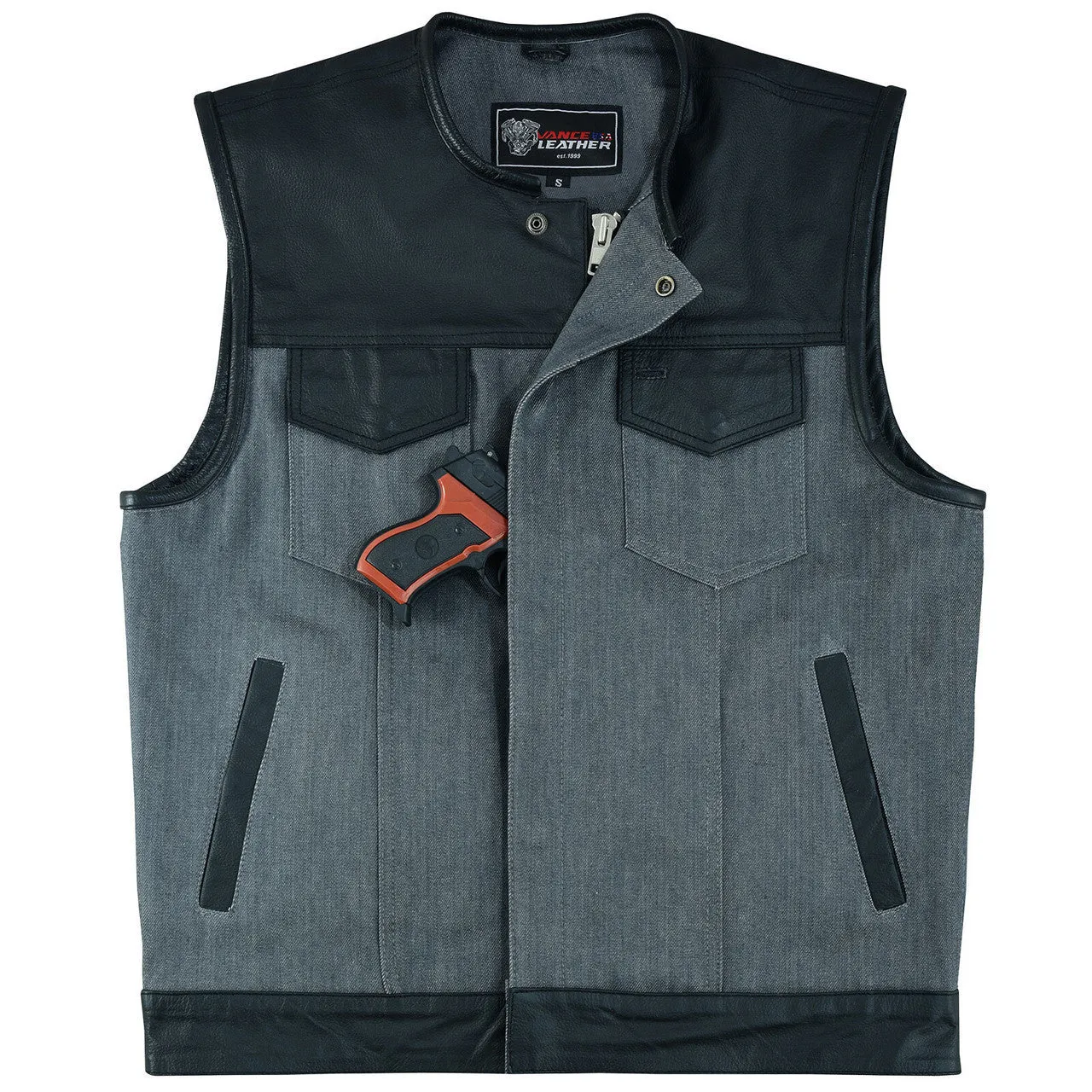 Vance Leathers Men's Grey Denim & Leather Motorcycle Vest with CCW Pockets