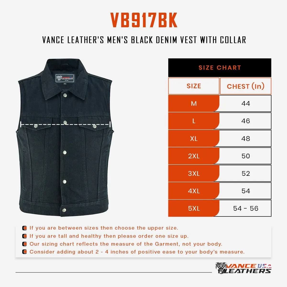 Vance Mens Black Jean Style Denim Motorcycle Vest