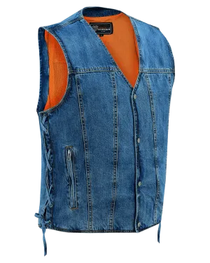 Vance Mens Blue V-Neck Denim Vest for Motorcycle Riders