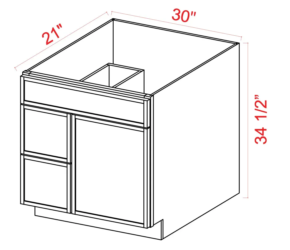 Vanity Combo Drawer Base Cabinet- Shaker Slim