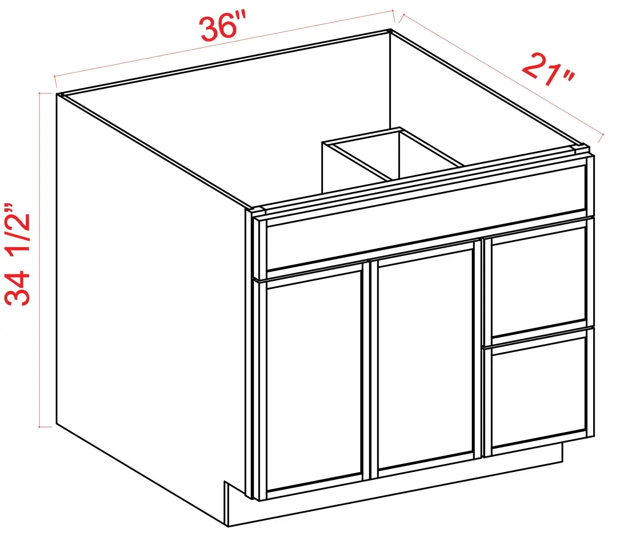 Vanity Combo Drawer Base Cabinet- Shaker Slim