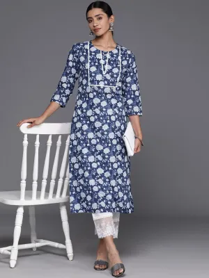 Varanga Blue Women Floral Printed Straight Kurta