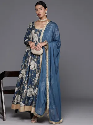 Varanga Floral Printed Blue And Grey Gotta Patti Anarkali Kurta with Dupatta