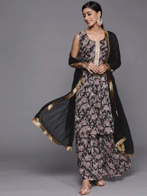 varanga women black floral printed empire kurta with sharara with dupatta