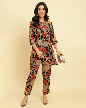 Varanga Women Black Floral Printed Straight Kurta Paired With Tonal Printed Bottom