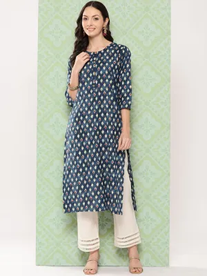 Varanga Women Blue Ethnic Motif Printed Straight Kurta With Three Quarter Sleeves