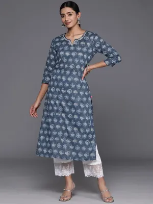 Varanga Women Blue Ethnic Motifs Printed Thread Work Straight Kurta